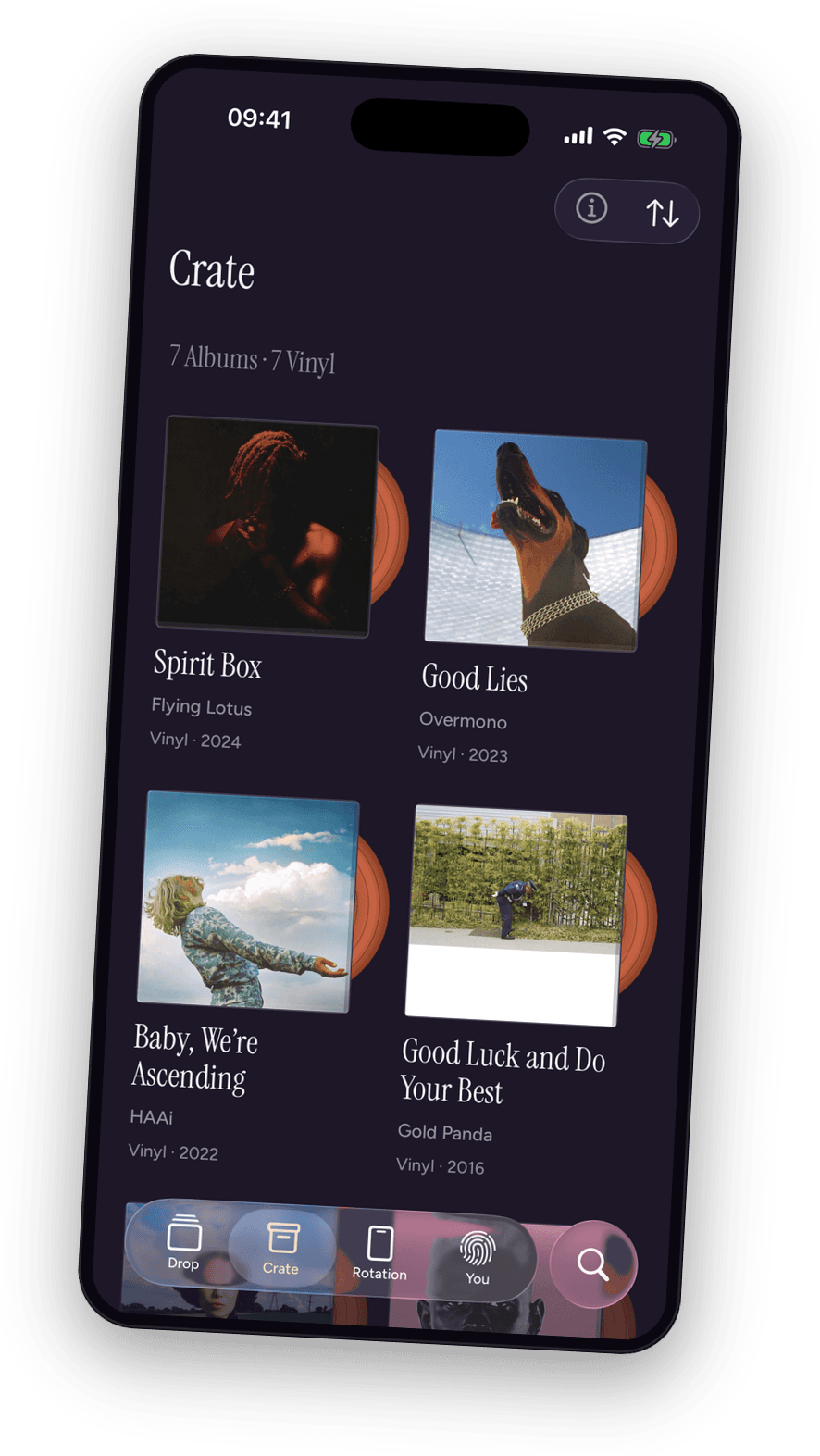 The synff app showing albums the listener owns in Crate