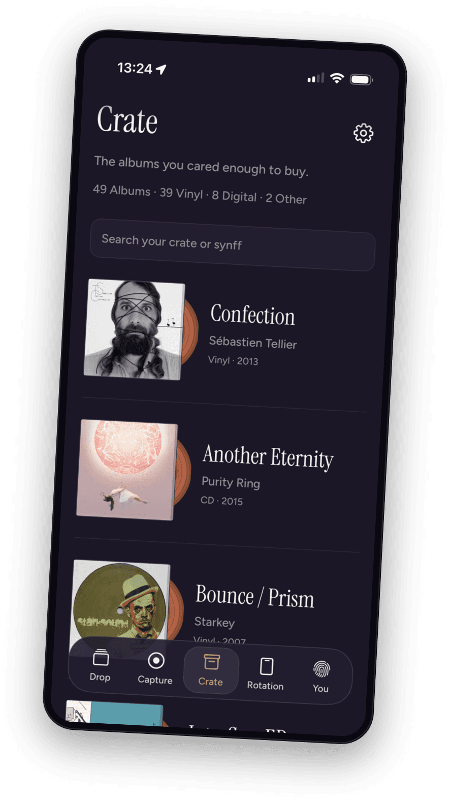 The synff app showing albums the listener owns in Crate