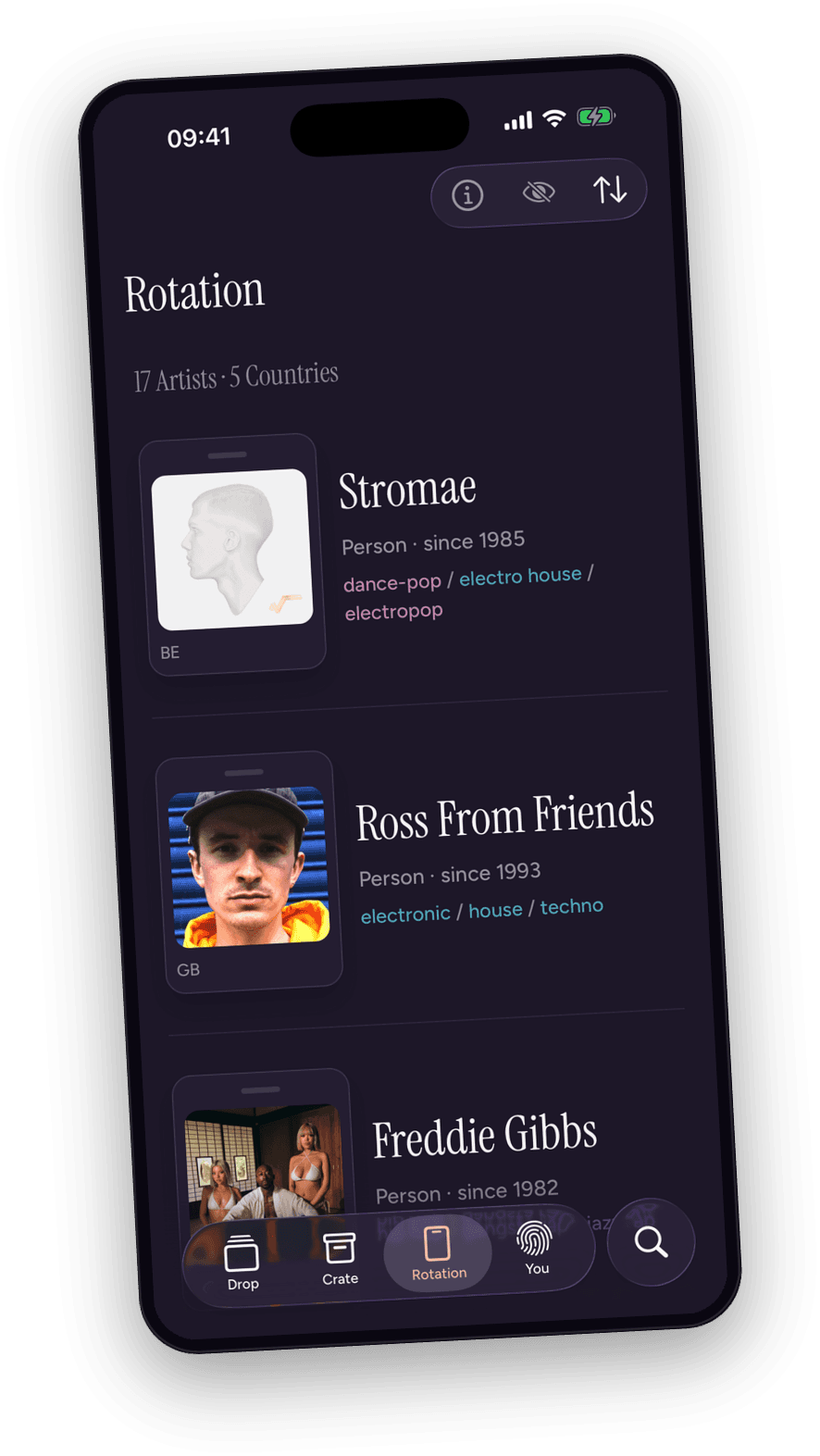 The synff app showing a listener's Rotation of artists