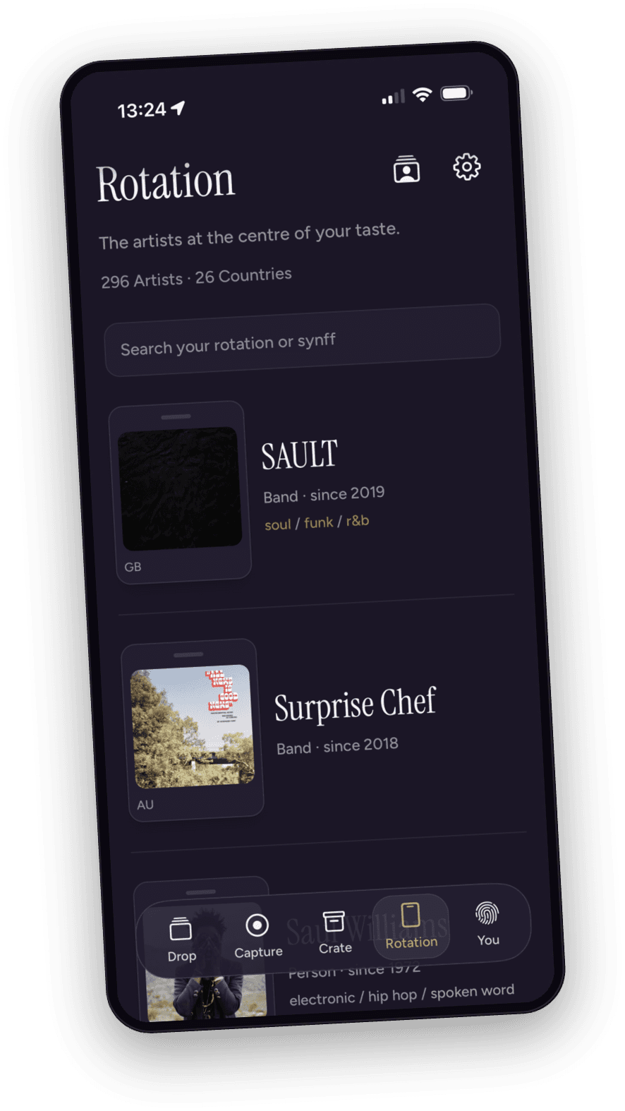 The synff app showing a listener's Rotation of artists