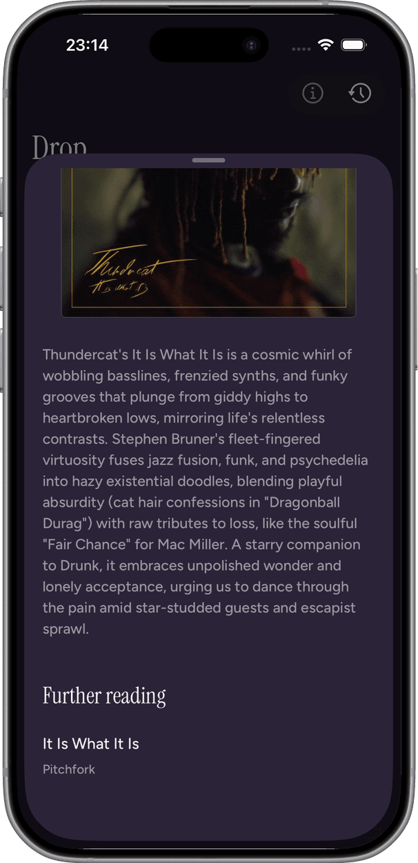 The album sheet for It Is What It Is, with its story and further reading