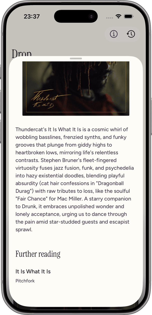 The album sheet for It Is What It Is, with its story and further reading