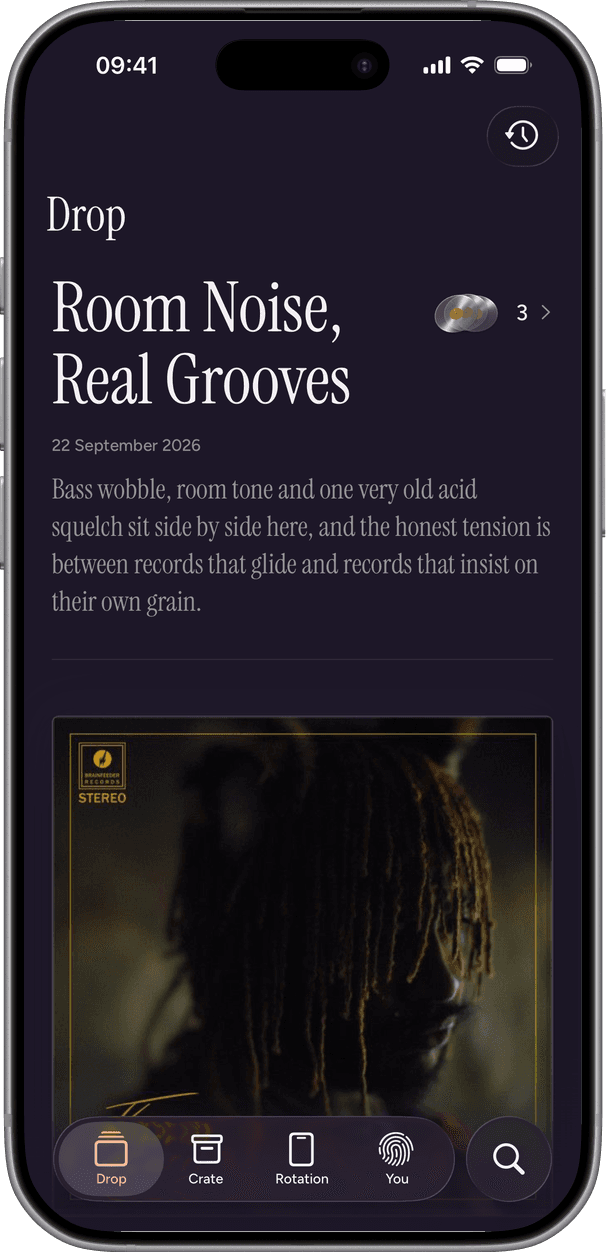 A sample Drop called Room Noise, Real Grooves, opening on It Is What It Is by Thundercat