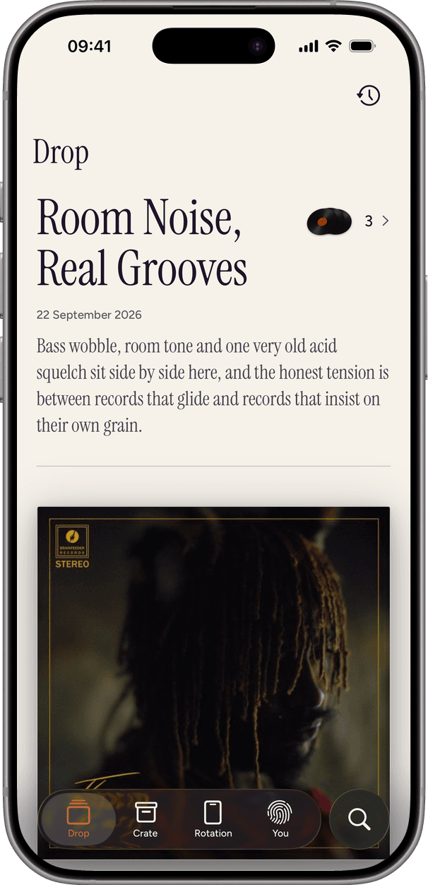 A sample Drop called Room Noise, Real Grooves, opening on It Is What It Is by Thundercat